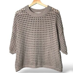 DR 2 Tan Open Knit Short Sleeve Cropped Crew Neck Sweater US Sz L